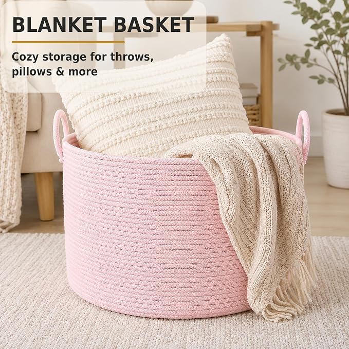 XUANGUO 66L Large Blanket Basket, Round Cotton Rope Basket, Light Pink | 20" x 13" Laundry Basket with Sturdy Handles for Blankets, Pillows and Toys; Storage for Living Room, Bedroom and Nursery
