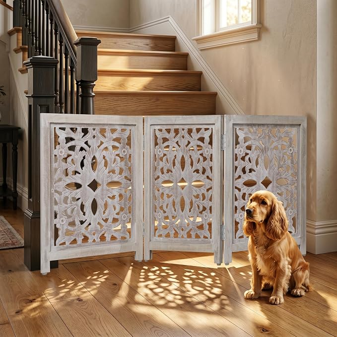 Lightnpro 3-Panel Carved Wooden Dog Gate – 54 Inch Foldable Freestanding Pet Barrier, White Wash Indoor Safety Fence for Small Dogs & Puppies – 24x18 Inch Panels