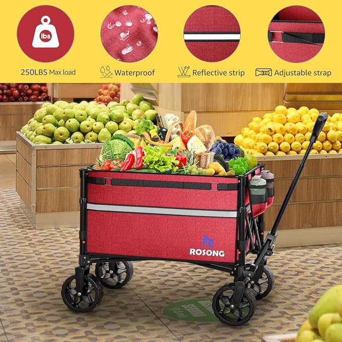 ROSONG Collapsible Wagon Cart with Wheels Foldable - Folding Utility Heavy Duty Wagons Carts for Grocery Sports Garden Shopping Camping Wheelbarrows, Burgundy