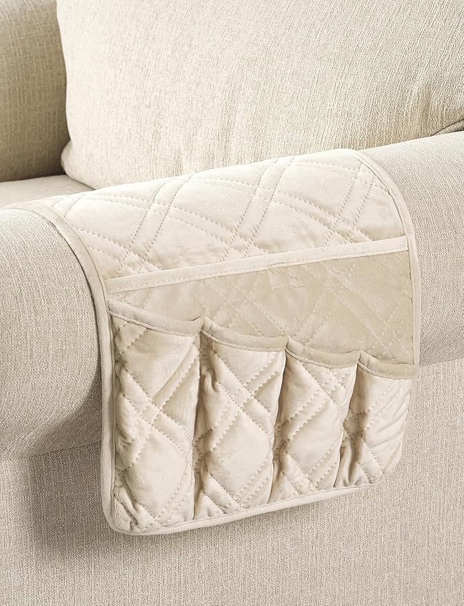 Brilliant Sunshine Beige Velvet Couch Armrest Cover, 35"×13" | Washable Magazine Holder, Armrest Organizer & Caddy on Sofa, Recliner, Armchair, Storage for Remote Controls, Phone, iPad