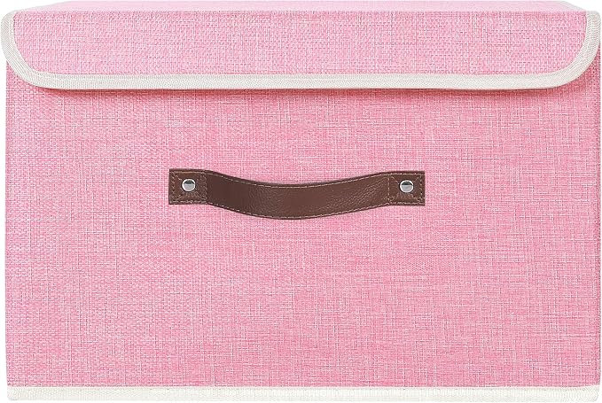 ANMINY Fabric Storage Box Bins with Lids, Pink, 15"x10"x10" | Keepsake Memory Storage, Cotton Linen, PP Board Reinforced, Washable, PU Handles, Foldable & Stackable, Decorative, Large