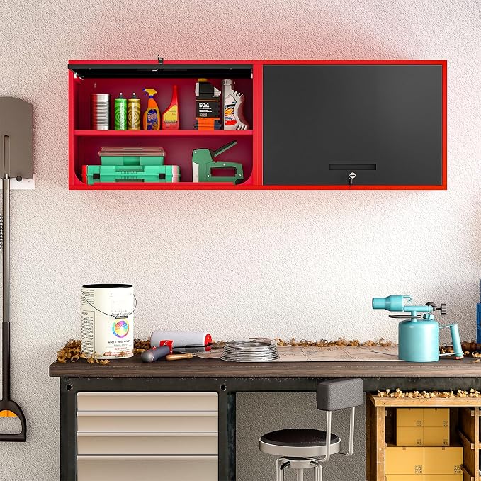 Metal Wall Cabinet with Locking Door and Shelf, Hanging Garage Cabinets with Up-Flip Doors for Garage, Warehouse, Home, Office, Assembly Required (Black Red, One Cabinet)