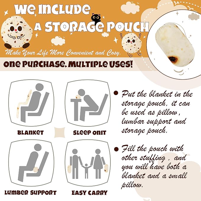 Bnuitland 90 Inches Tortilla Burritos Pattern Blanket with Pouch, 300 GSM Double Sided Giant Flour Novelty Taco Funny Realistic Food Blanket for Bed Sofa, Super Soft Flannel for Adults