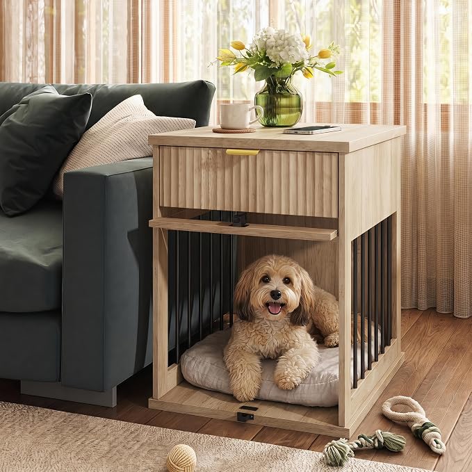 Dog Crate End Table w/Charging Station, Glass Door, Storage Drawer | Smart 3-in-1 design with built-in power hub.hideaway tempered glass door & deep drawer.Sturdy MDF build for small dogs.
