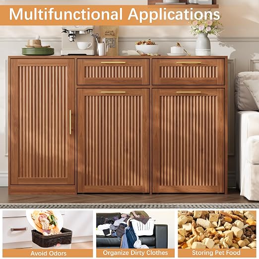 2 X 13 Gallons Double Pull Out Trash Can Cabinet with Storage & Drawers | 54"W Kitchen Trash Cabinet with Adjustable Shelf & Drawer, Hidden Garbage Can Cabinet for for Laundry, Living Room