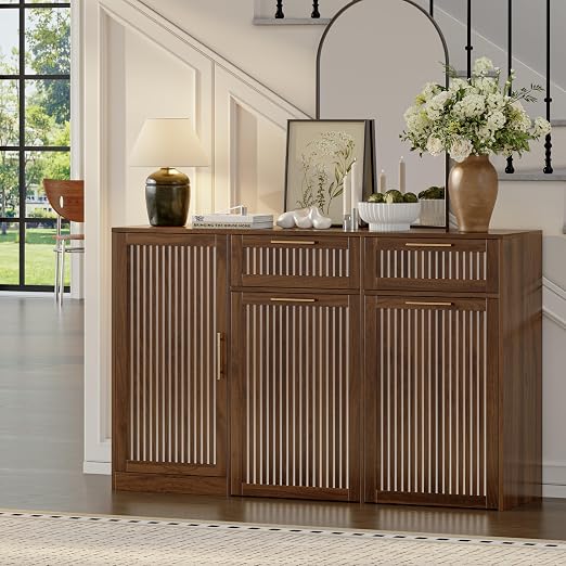 Double 13 Gallon Pull Out Trash Can Cabinet with Storage Cabinet,Walnut | Pet Proof Hidden Garbage Can Cabinet,3-Tier Shelves,Fluted Design,Extra Drawer Space,Kitchen & Dining Room Organization