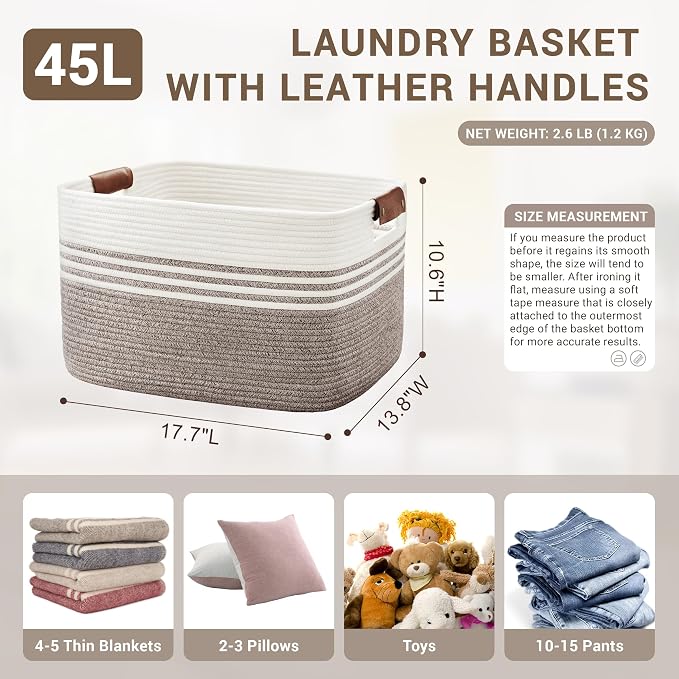 45L Woven Laundry Basket Hamper with Leather Handles,Dark Brown | collapsible wicker hamper, storage for dirty clothes, toys, blankets, gifts, living room, bedroom, bathroom, 18"x14"x11"