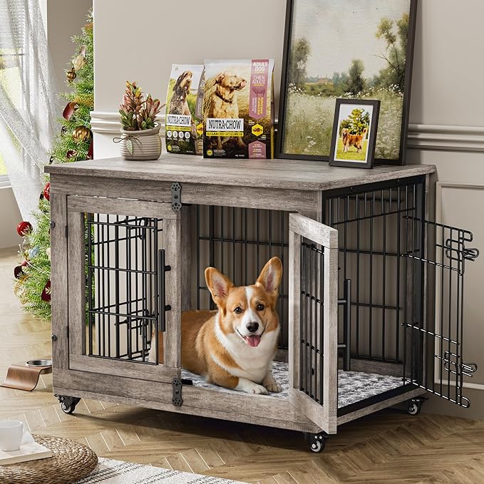 Medium Dog Crate Furniture, 32'' Heavy Duty Kennel w/Cushion & Wheels | Grey, Double Doors, Wooden Dog Cage, Chew-Resistant, End Table, Decorative, 27"/32"/38"/44" Options, Indoor