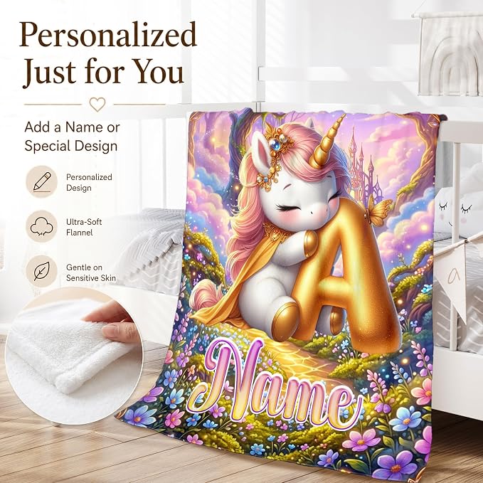 Unicorn Blanket for Girls with Custom Initial Name, Personalized Kids Throw | Lightweight Flannel Throw, Living Room Couch Decor, Gift for Unicorn Lover