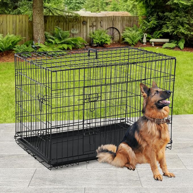 BestPet | 42" Dog Crate | Black | Foldable Metal Kennel with Single Doors, Secure Slide-Bolt Latches, Leakproof Tray | Portable Dog Cage for Large Breeds | for Travel, Indoor & Outdoor Use