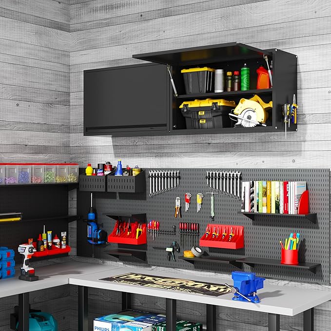 Garage Wall Cabinet, 19.7" H Metal Wall Cabinet with Up-Flip Door | Wall Mounted Metal Storage Cabinet, Upper Cabinet for Kitchen,Garage,Workshop,Warehouse, Assembly Required, Black