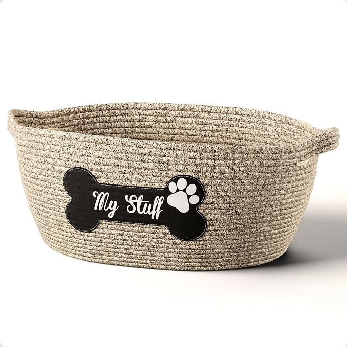 Dog Toy Basket, 100% Cotton Rope, Chew Proof, Sturdy Reinforced Handles | 100% Cotton Rope Woven Dog Toy Box for Living Room Area, Sturdy Handles, Durable Patch, Suitable for All Pets, No Loose Parts