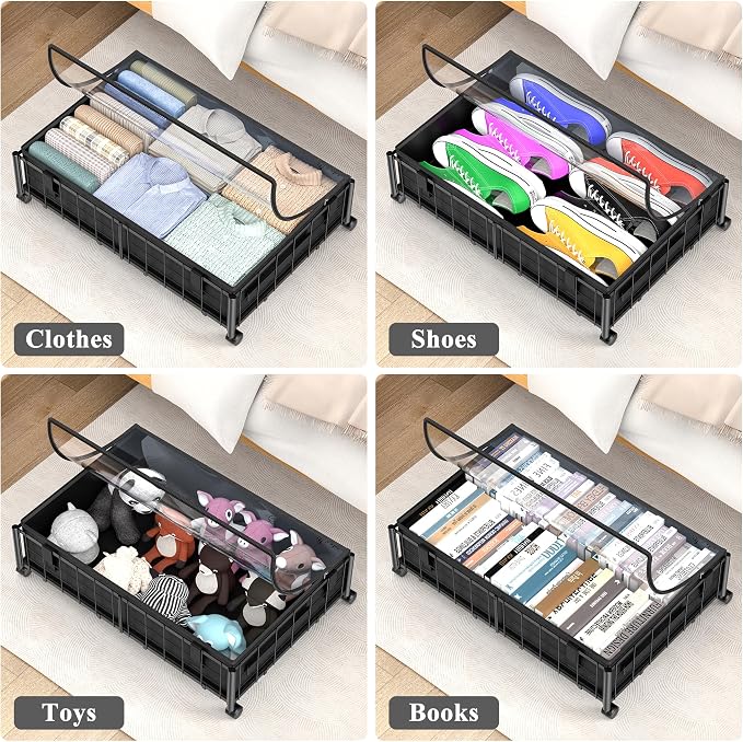 Hleelomi Under Bed Storage with Wheels and Storage Bag, 360° Rolling Under Bed Metal Drawers for Clothes, Blankets, Books and Shoes,Black， 2pack