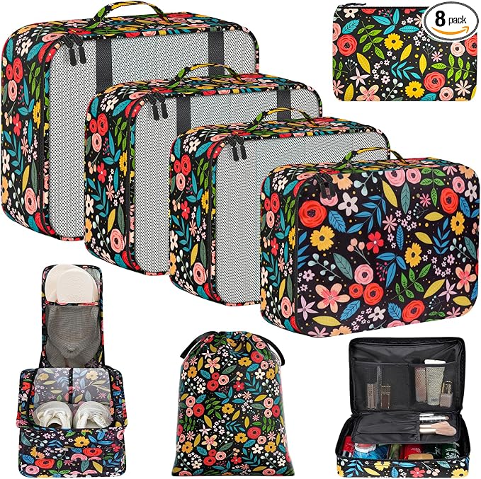 BAGAIL 8 Set Packing Cubes Luggage Packing Organizers for Travel Accessories-Black Floral