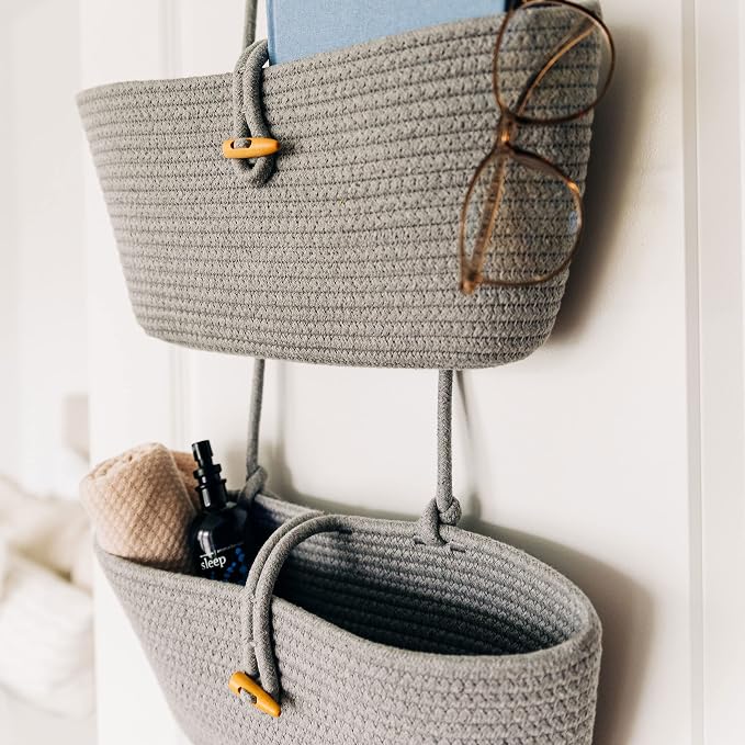 OrganiHaus Over the Door Organizer, Woven Rope Hanging Baskets, 3-Tier | Cotton Wall Storage Basket For Nursery Decor, Entryway, Bathroom, Playroom Or Dorm, Mounts On Door Or Wall, Light Gray