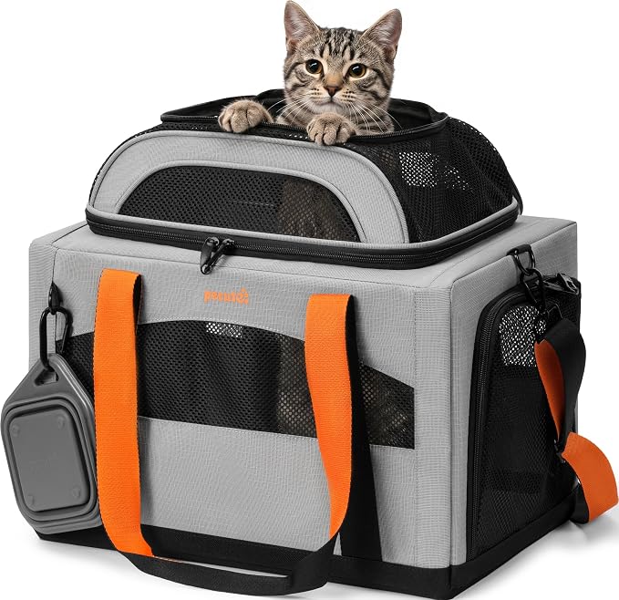 Pecute Cat Carrier,Top Expandable Dog Crate for Travel, Grey