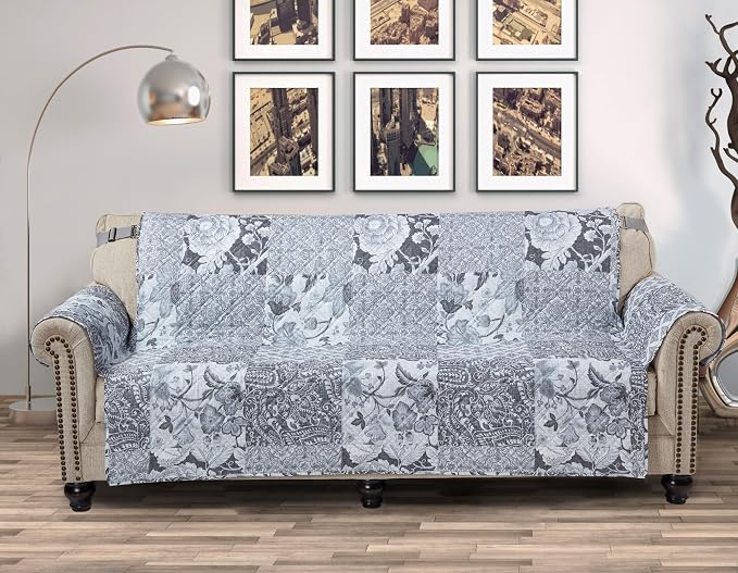Brilliant Sunshine Multi Grey Flowers Patchwork Couch Cover, 78" seat | Quilted Sofa Cover, Living Room & Bedroom Furniture Protector, Extra Large Washable Slipcover for Pets, Dogs & Cats