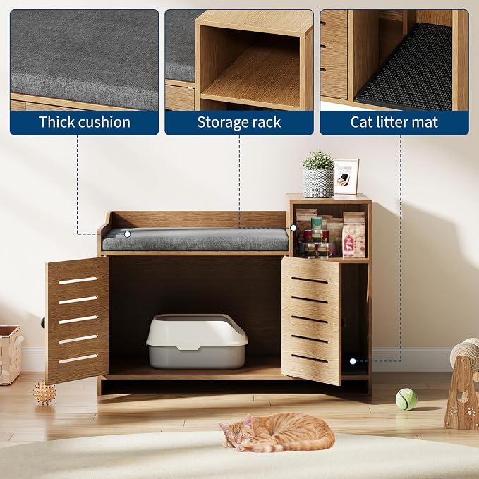 Cat Litter Box Enclosures, Large Hidden Cat Litter Box Furniture with Double Door, Wooden End Table Litter Box Cabinet with Storage Shelf, Cushion & Litter Mat, Dog Proof Design, Modern Cat House