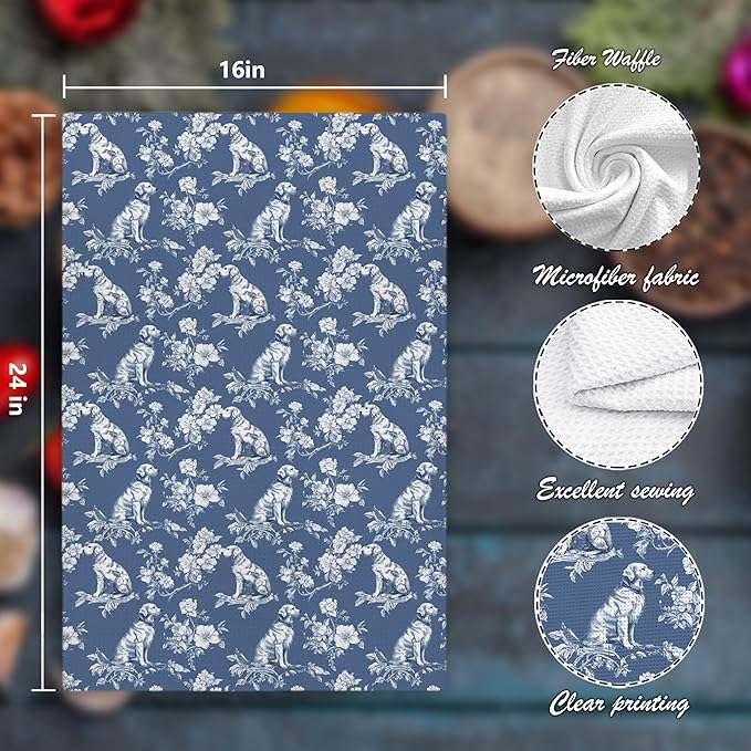 Nipi Blue Chinoiserie Golden Retriever Kitchen Towels, Blue and White Floral Golden Retriever Decorative Dish Tea Towels, Grandmillennial Botanical Dog Hand Towels for Kitchen Bathroom, 16x24 Inch
