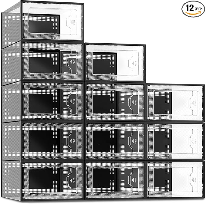 12 Pack Shoe Storage Box, Clear Plastic Stackable Shoe Organizer for Closet, Space Saving Shoe Rack for Entryway Sneaker Container Bin Holder (Black)