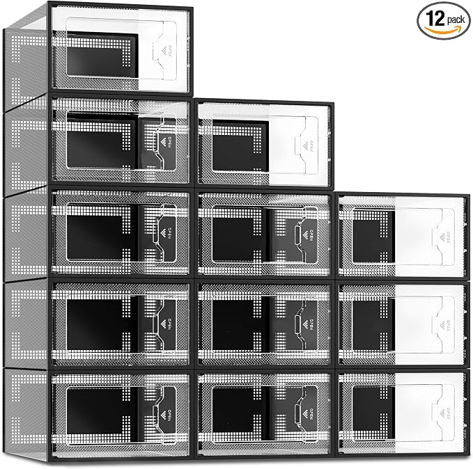 X-Large Black Modern Plastic Shoe Box, 12 Pack, Clear Front Door, Stackable, Foldable, Ventilated, Fits US Size 11, 13.2''L9.1''W7.3''H Inch, 655.65 Cubic Inches, Already Assembled