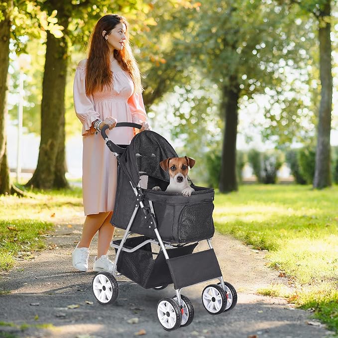 LEMY 4 Wheels Pet Dog Cat Stroller for Small Medium Dogs Cats,Black Foldable Jogger Travel Puppy with Detachable Carrier