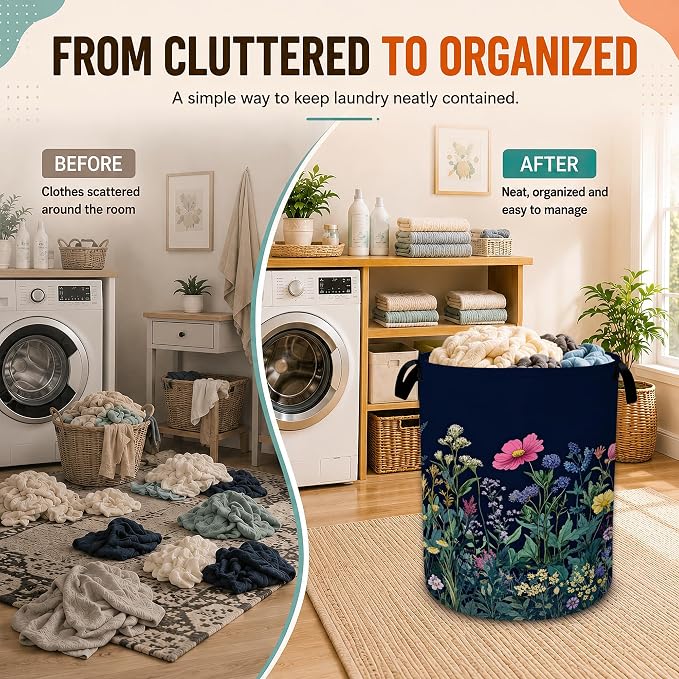 Wildflower Spring Floral Laundry Basket,Garden Flowers Foldable Oxford Laundry Hamper with Handles,Portable Clothes Tote Bag Clothes Storage Bucket Organizer For Bathroom/Laundry Storage/Bedroom