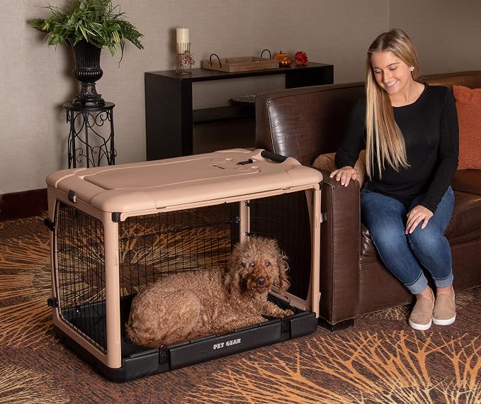 Pet Gear The Other Door 4 Door Steel Crate for Dogs/Cats, 36", Beige | Garage-Style Door, Includes Plush Bed & Travel Bag, No Tools Required