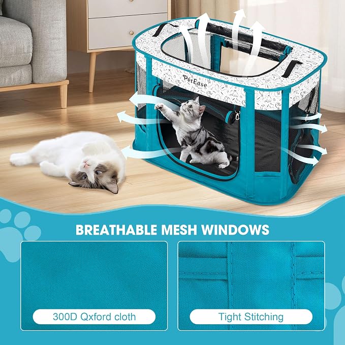 Portable Cat Playpen with Litter Box, Cat Enclosure for Camping, Cat Recovery Playpen After Surgery, Foldable Indoor Outdoor Pet Tent for Cats Rabbits Puppies (Peacock Blue)