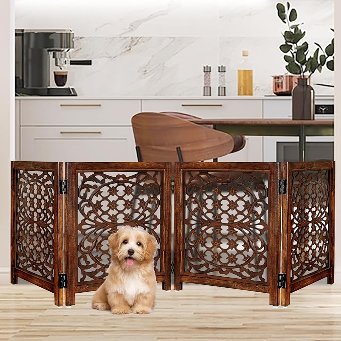 Lightnpro 4-Panel Wooden Dog Gate – 72 Inch Extra-Wide Foldable Freestanding Pet Barrier, Rustic Burnt Finish Indoor Safety Fence for Small Dogs & Puppies – 24x18 Inch Panels