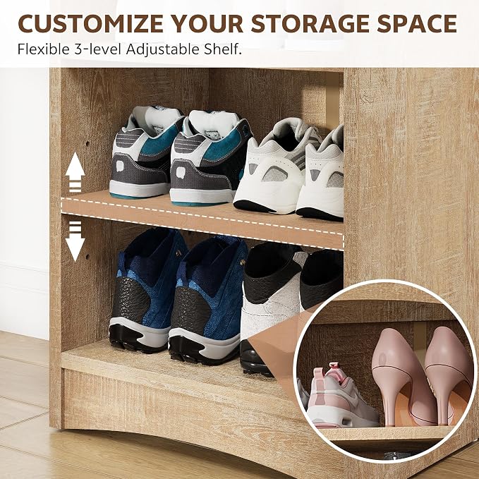 67.6” Tall Shoe Cabinet 8-Tier with Adjustable Shelves, Natural | Freestanding Shoes Organizer Cabinet for Entryway, Hallway, Living Room