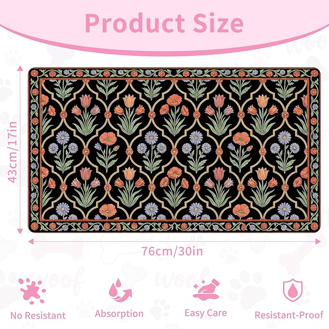 Pet Feeding Mat 30 x 17 Inch, Black Floral Pet Placemat Absorbent Quick-Dry for Food and Water, Waterproof Non Slip Rubber Bowl Pad Mat for Floors