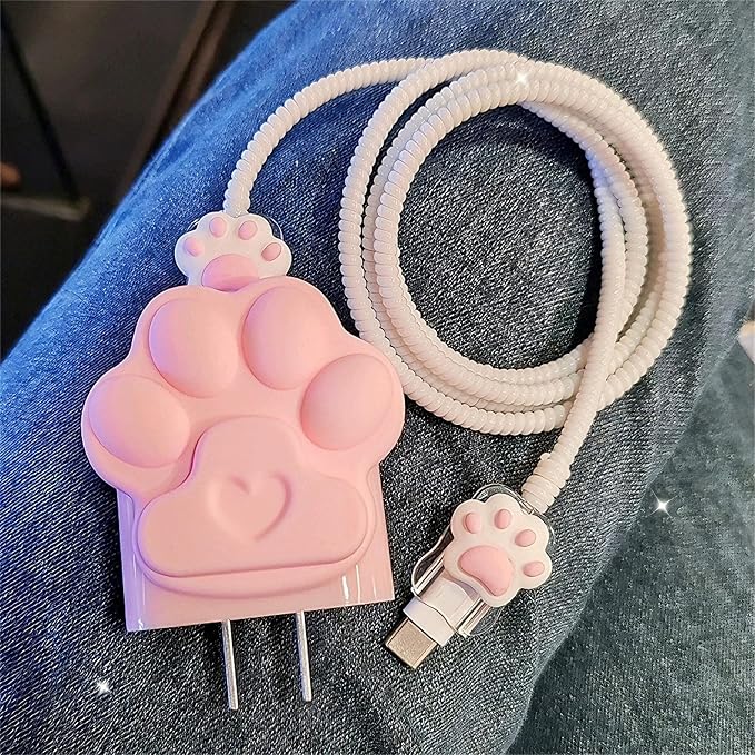 DIY Charger Cover for iPhone Cord Protector with Cat Paw Design,Soft Girly Kawaii Cat Claw Charging iPhone Charger Protector iPad Charger Protector Cute Cable Saver for iPhone 18W/20W Charger-Pink