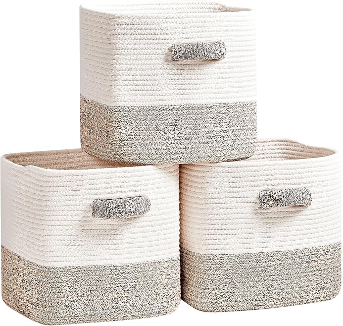 R RUNKA Storage Cube Baskets 3-Pack - 11 inch Square Baskets, Closet & Shelves Organizers - Woven & Drawer Storage - Ideal for Toys | White & Beige