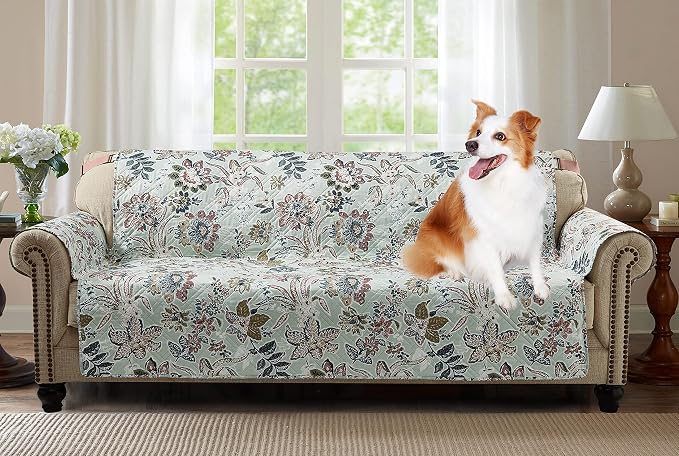 Brilliant Sunshine Green Vintage Beautiful Flowers Couch Cover, 70" seat | Quilted Sofa Cover, Living Room & Bedroom Furniture Protector, Large Washable Slipcover for Pets, Dogs & Cats