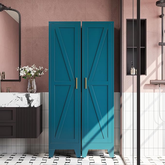 67" H Broom Closet Storage Cabinet,Metal Cleaning Cabinet,Narrow Storage Cabinets with 4 Adjustable Shelves,Slim Tall Floor Cabinet