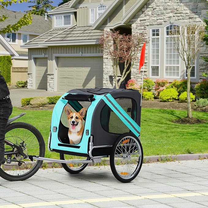 Aosom Dog Bike Trailer Easy Folding Cart Frame 20" Wheels | Pet Wagon Bicycle Trailer, Large Rubber Wheels, 3 Entrances, Mesh Screen, Off-Road and Travel