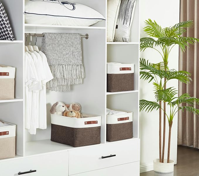 DECOMOMO Storage Bins, Extra Large Fabric Storage Baskets for Shelves 3Pack | 15.8 x 12.5 x 10 inches Decorative Linen Closet Organizers (Brown & White)