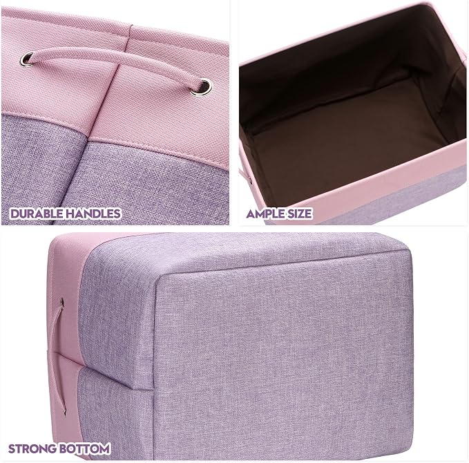 Sea Team Oversized Rectangle Canvas Open-Top Storage Baskets, 3-Pack | Collapsible Fabric Storage Bins with Handles, Closet Shelf Organizers, 22 x 15 x 13 Inches, Lavender & Orchid
