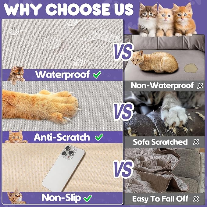 Loiion Cat Scratch Proof Furniture Protector Waterproof Sofa Cover 134"x71" | Pet-Friendly Couch Protector, Anti-Scratch & Anti-Slip Sofa Cover For Cats Dogs Kids, Machine Washable