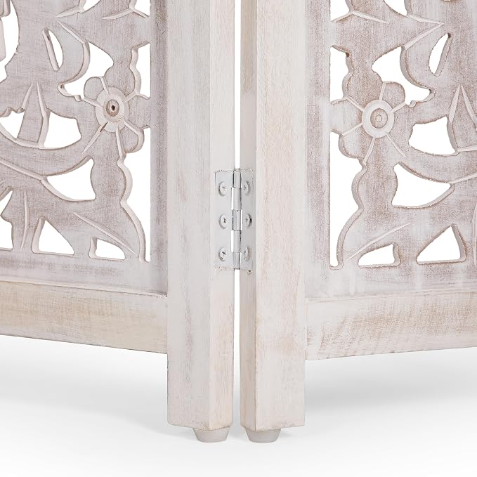 Lightnpro 3-Panel Carved Wooden Dog Gate – 54 Inch Foldable Freestanding Pet Barrier, White Wash Indoor Safety Fence for Small Dogs & Puppies – 24x18 Inch Panels