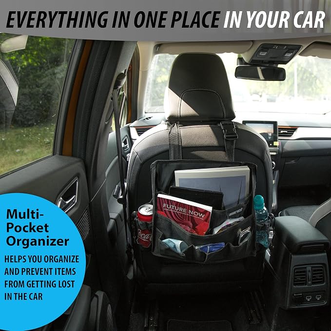 ZONETECH Multi-Pocket Organizer - Classic Black Durable Rugged Pack Cloth Premium Quality compact Car Seat Driver Headrest Organizer