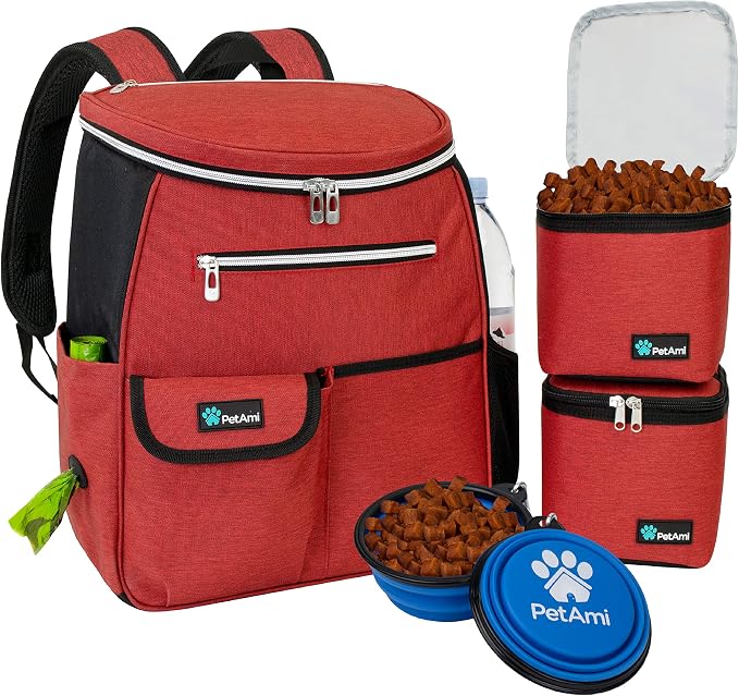 PetAmi Dog Travel Backpack 27L Airline Approved Pet Supplies Bag, Red | Cat Traveling Suitcase Organizer for Weekend Road Trip Camping; 2 Food Containers, 2 Collapsible Bowls & Poop Bag Dispenser