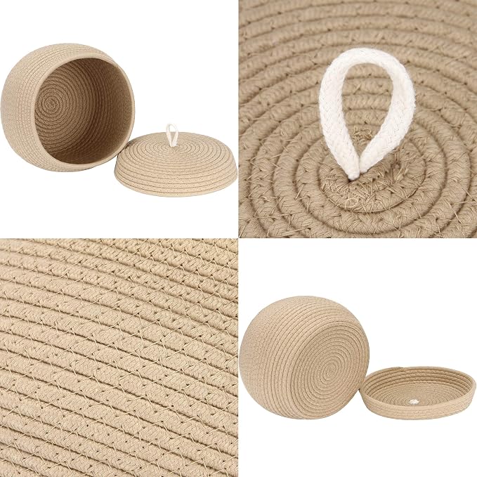 Sea Team Round Woven Cotton Rope Storage Basket with Lid, Khaki | Lidded Knitted Decorative Storage Bin, Pot, Caddy, Organizer, Container for Snacks, Towels, Plants, 10 x 7.5 Inches