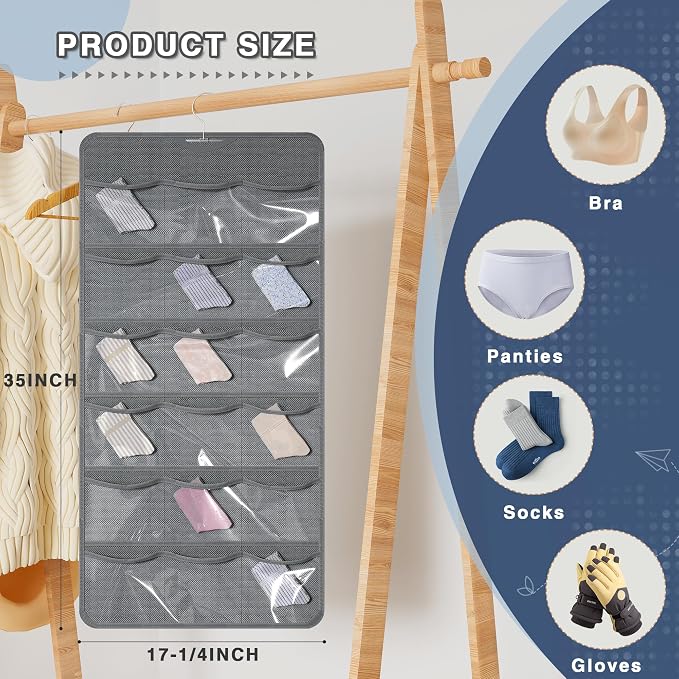 26-Pocket Hanging Closet Organizer for Socks and Underwear, Dark Gray | Non-woven clear compartments keep bras & leggings visible; swivel hook fits wardrobe, closet rod, wall, door or shelves.