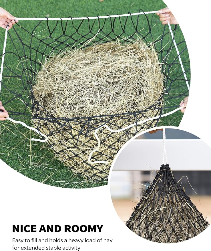 Harrison Howard 2 PCS Slow Feed Hay Net for Horses, 40 Inch Hay Bag Holds 1–2 Flakes, 2 Inch Mesh Durable Hanging Feeder for Stable, Pasture & Livestock-Blue & Black