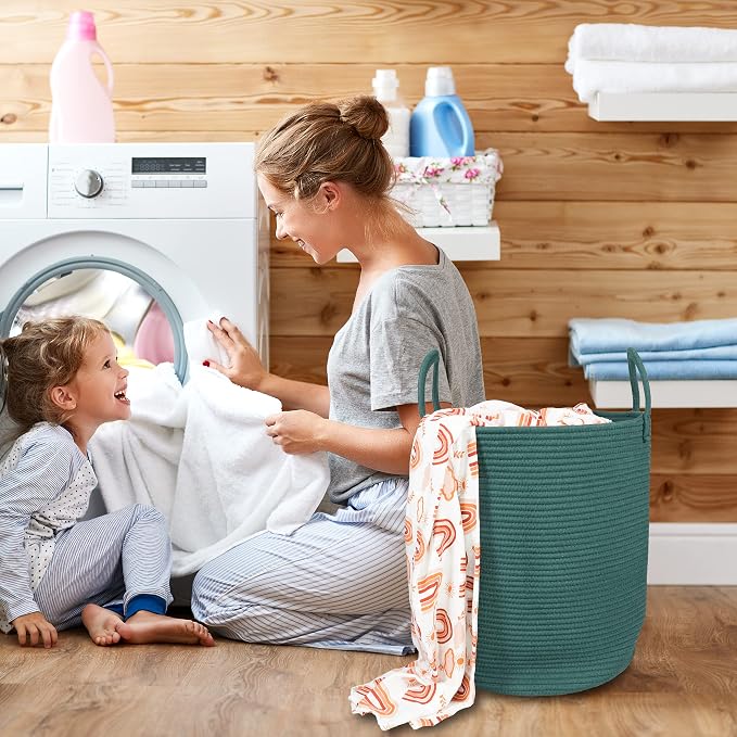 XUANGUO Cotton Rope Laundry Basket Hamper for Clothes Large Dark Green | Baby Nursery Hamper Bin and Woven Storage Basket for Living Room Bedroom Boho Tall Rope Baskets Blankets Toys Pillows Towels