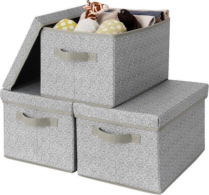 GRANNY SAYS Storage Bins with Lids, Decorative Storage Boxes with Lids | Storage Box with Dust Cover, Handles & Lable, Collapsible, Ideal for Closet Clothes Blanket Toys, Medium, Ash Gray, 3-Pack