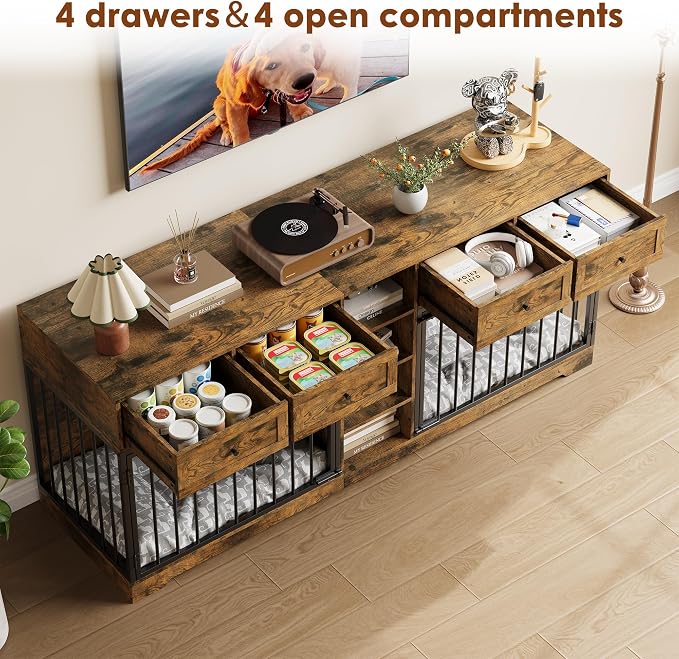 GarveeHome 82" Double Dog Crate Furniture with Drawers and Shelves, Brown | Heavy Duty Wooden Dog Crate TV Stand, Large Dog Kennel Indoor for 2 Medium/Large Dogs