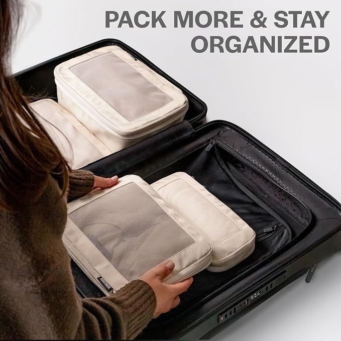 Compression Packing Cubes for Travel, 6-Pack, Mocha | Solves overpacking, 6-Piece set fits most suitcases, 50% Space savings, Compression luggage organizer bags